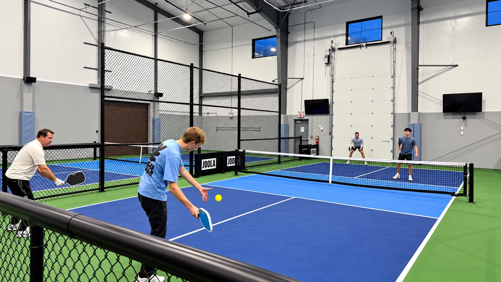 Coach Mark Boehm watching a young player serve on an indoor court